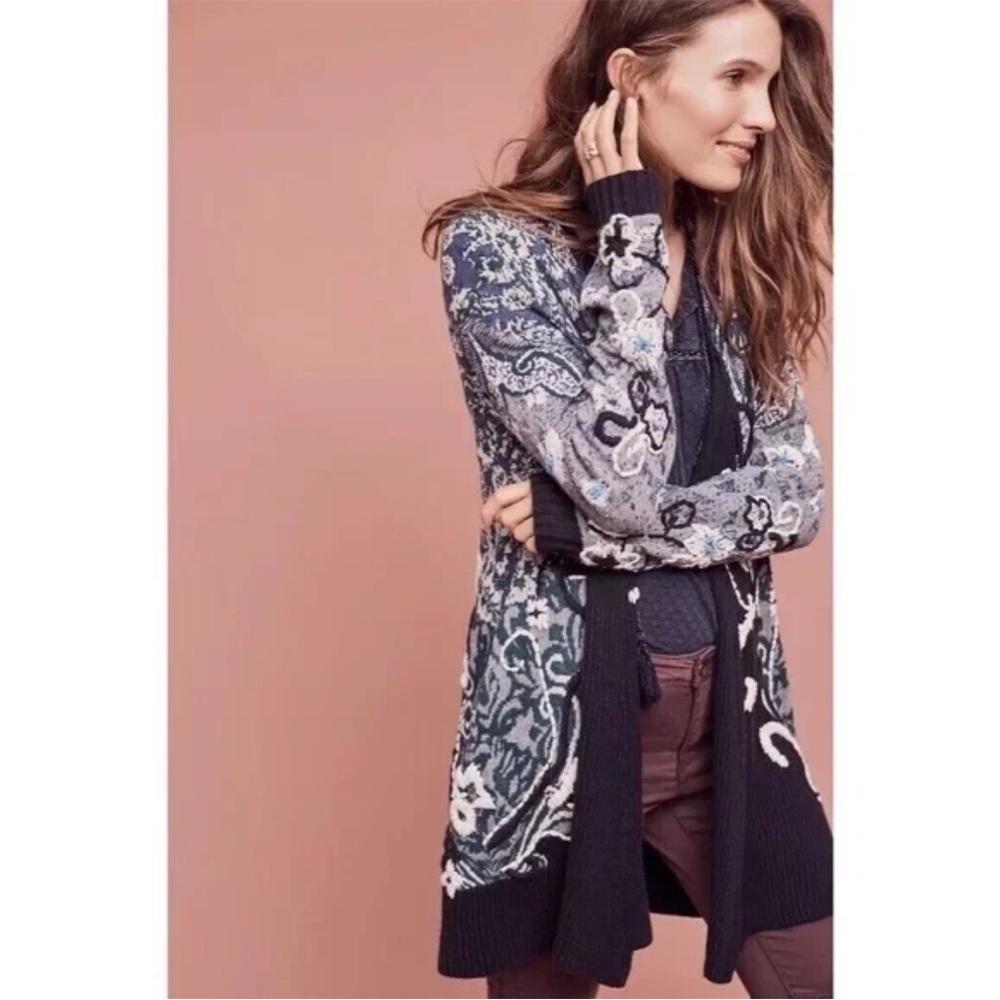 Anthropologie HWR Emma Embroidered Wool Women's Patterned Cardigan Sweater